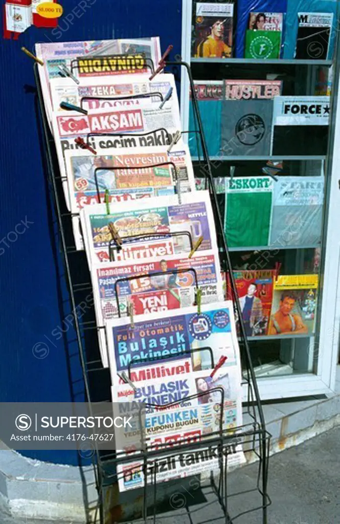 Newspaperstand with turkish press. Izmir. Turkey.