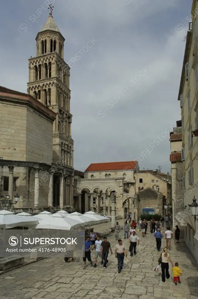 Group of people in front of a cathedral, Cathedral of St. Dominus, Split, Dalmatia, Croatia