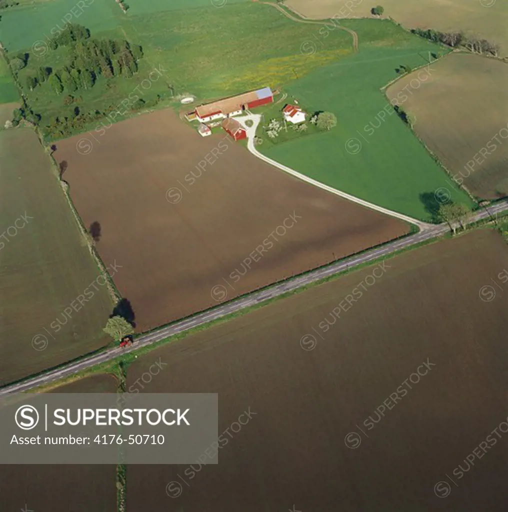 Farm estate from air,agriculture,farm Morkafarm,Falbygden in Vastra Gotaland,Sweden.
