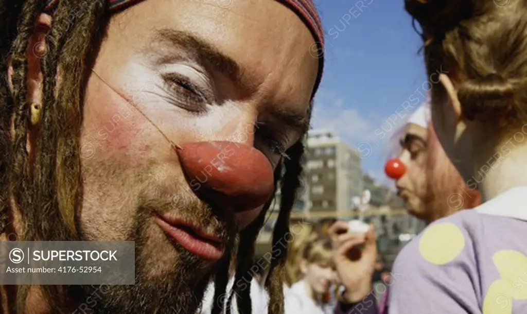 Clown at ""clown nose day"", Sergel Square,Stockholm, Sweden, 2008