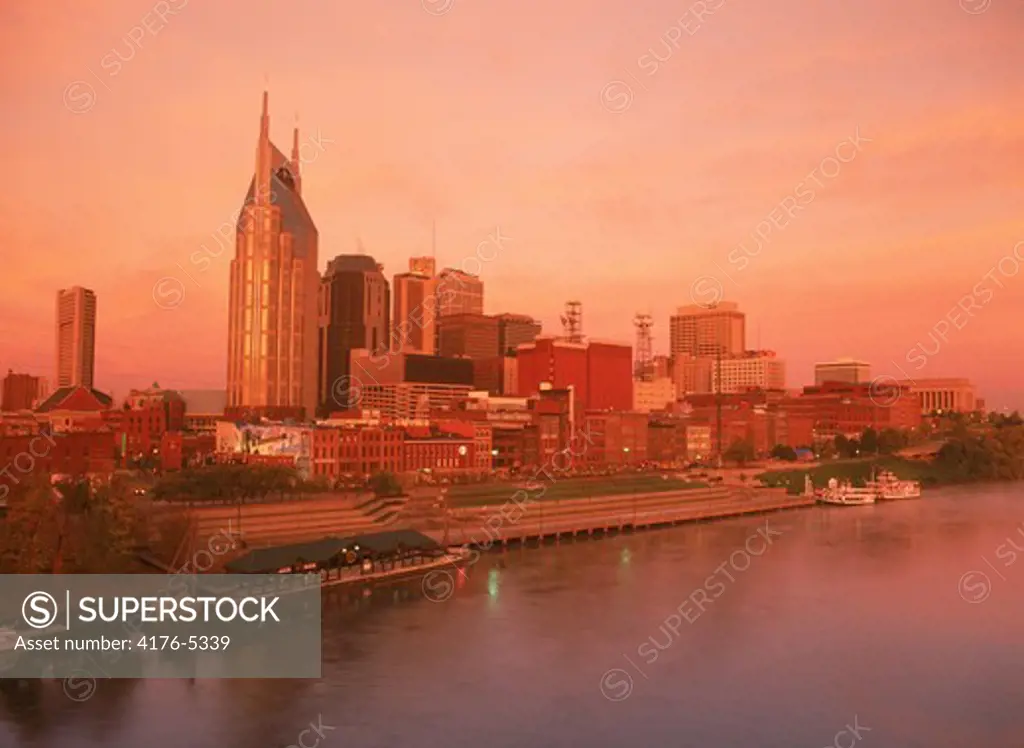 Nashville skyline on Cumberland River at sunrise in Tennessee