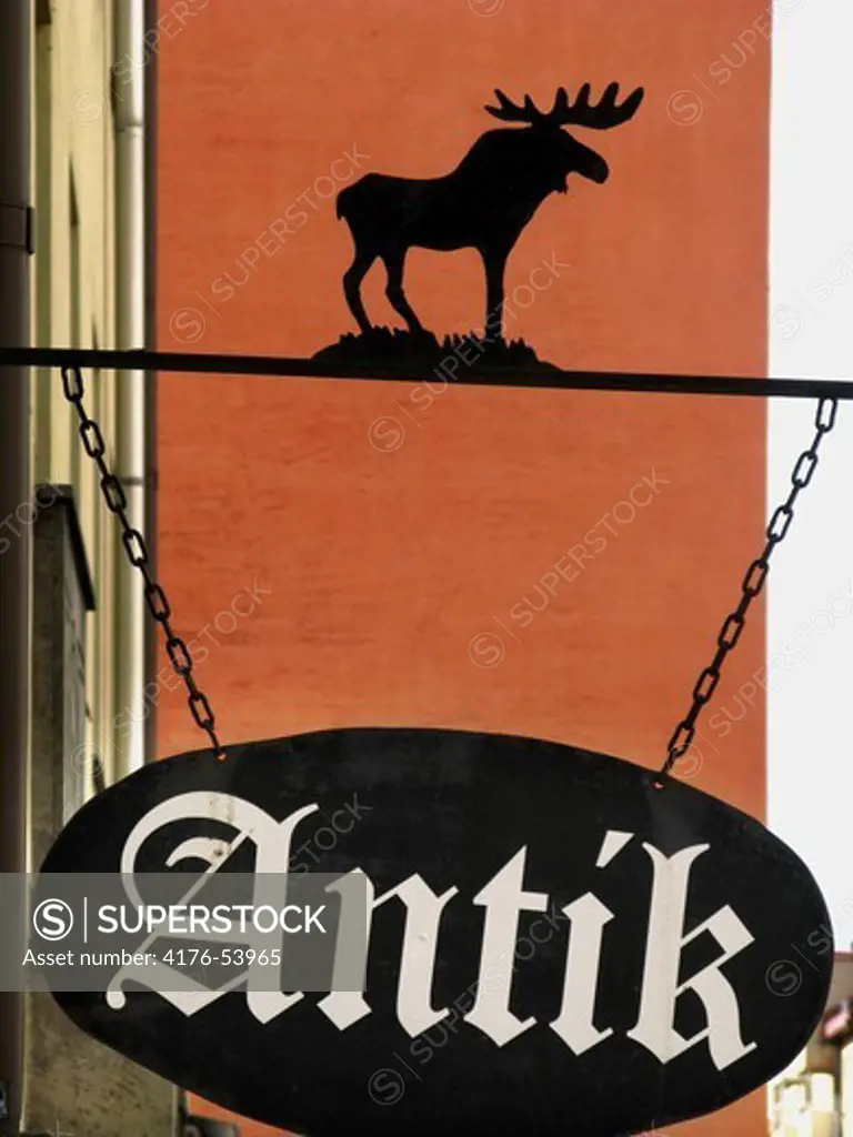 Sign with elk for antique shop , Stockholm, Sweden