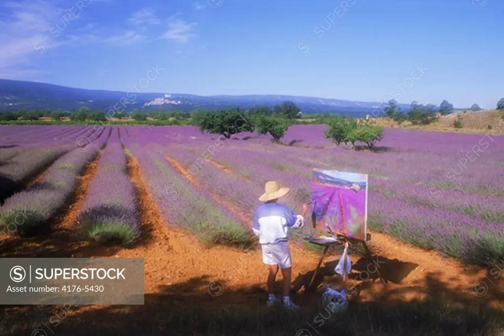 Female artist painting field of lavender in Provence