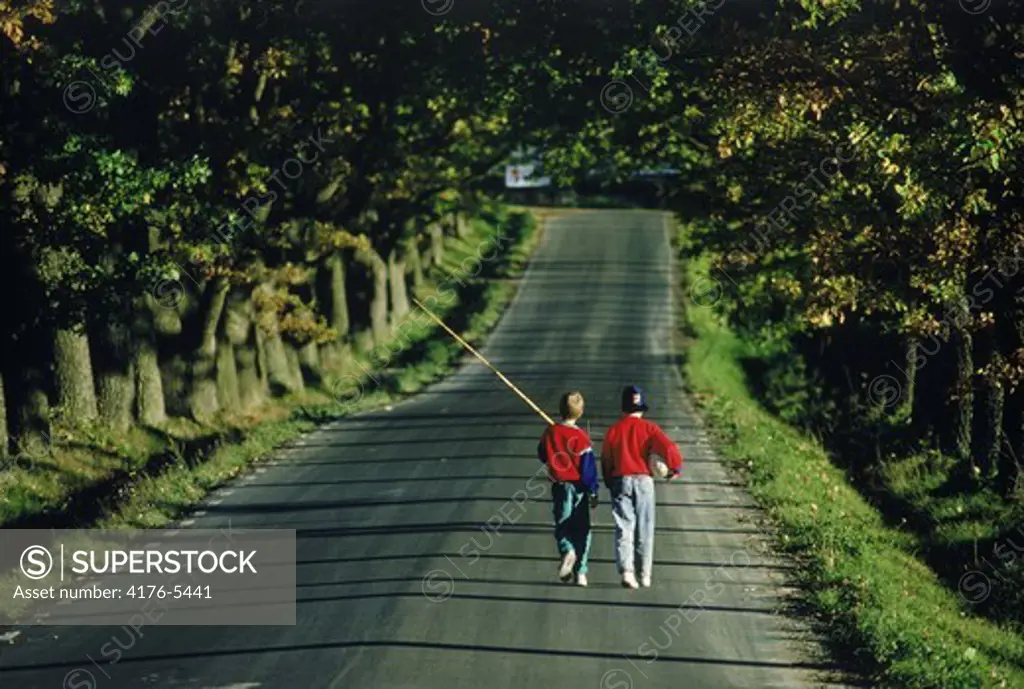 Brothers walking down tree lined country road in Sweden