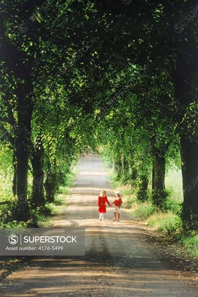 Boy and girl strolling down tree lined country road