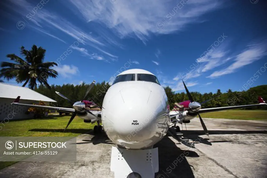 The nose of an small passanger plane, it is written ""NO PUSH"" on the front cone, Cosmolido Island, Seychelles.