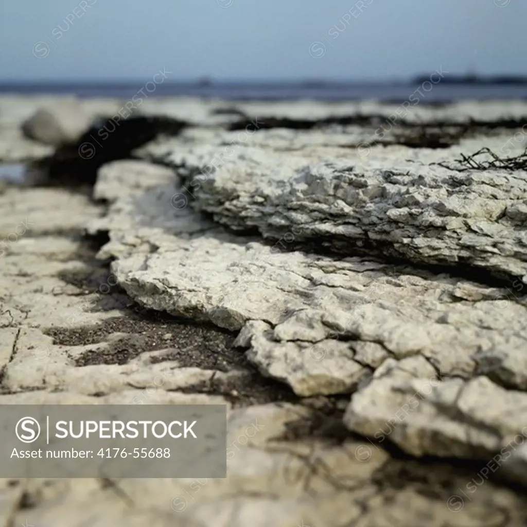 Close-up of limestone layers on Oland, the seashore of Baltic Sea in background, Sweden