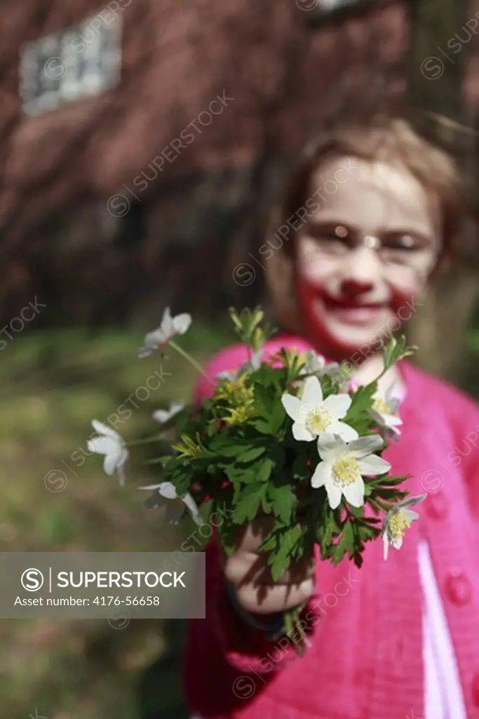 Young girl, child, with flowers. Sweden.