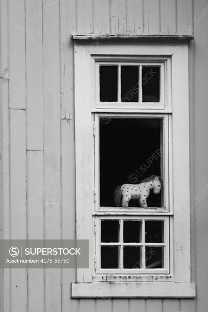 A toy pony standing in a window, Sweden.