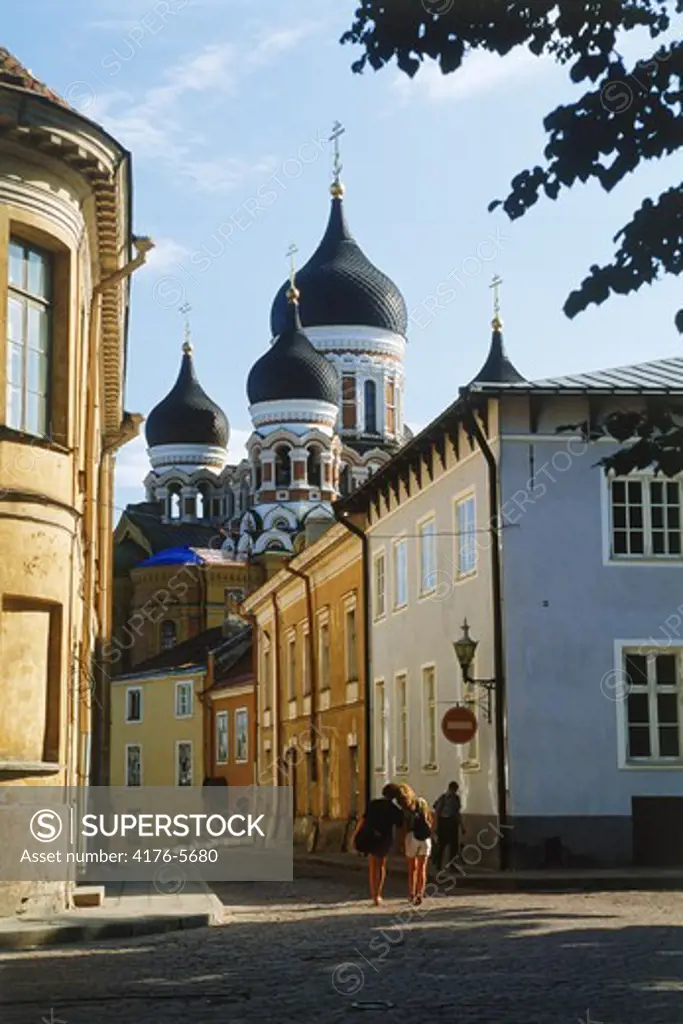 Couple near Saint Alexander Nevski Cathedral in Old Town of Tallinn Estonia