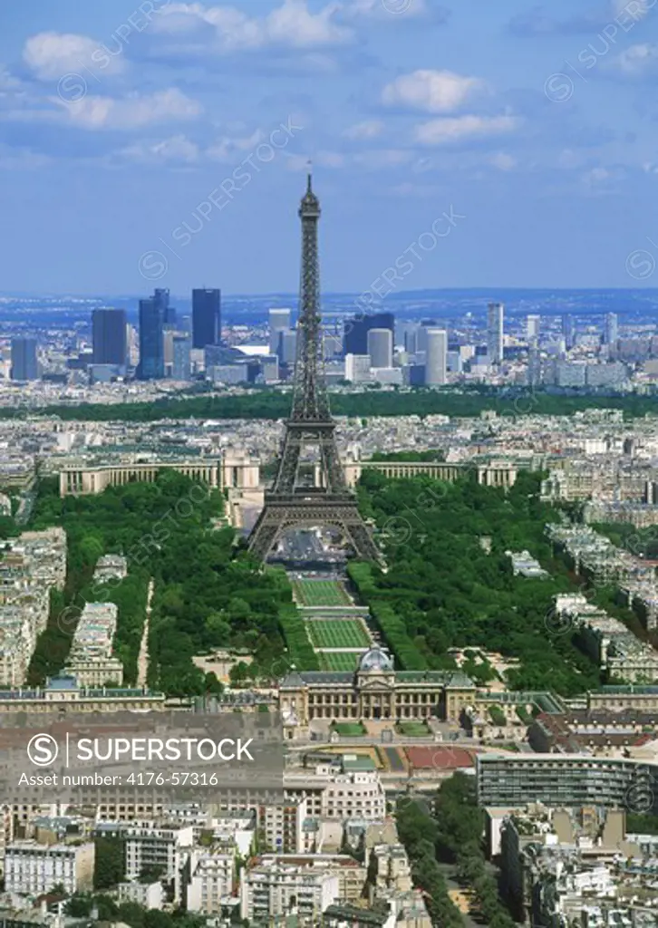 Aerial view of La Defense and Eiffel Tower with Place du Trocadero in Paris