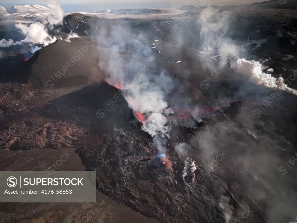 Volcanic Eruption South of Iceland in glacier Eyjafjallajokull and Fimmvorduhals. Air traffic has been subject to cancellation or delay as airspace across parts of Northern Europe has been closed.