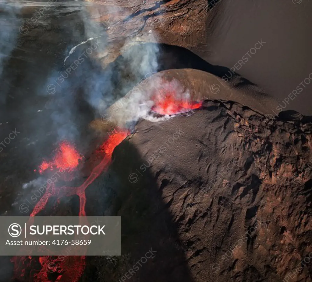 Volcanic Eruption South of Iceland in glacier Eyjafjallajokull and Fimmvorduhals. Air traffic has been subject to cancellation or delay as airspace across parts of Northern Europe has been closed.