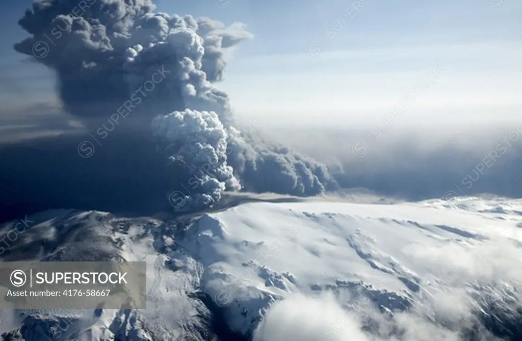 Volcanic Eruption South of Iceland in glacier Eyjafjallajokull and Fimmvorduhals. Air traffic has been subject to cancellation or delay as airspace across parts of Northern Europe has been closed.
