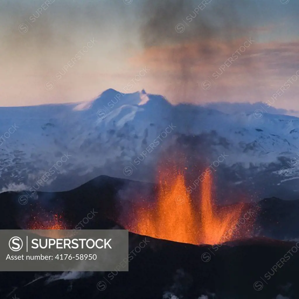Volcanic eruption on Fimmvorduhals, South Iceland.  Fimmvorduhals is the area between the glaciers Eyjafjallajokull and Myrdalsjokull in southern Iceland.