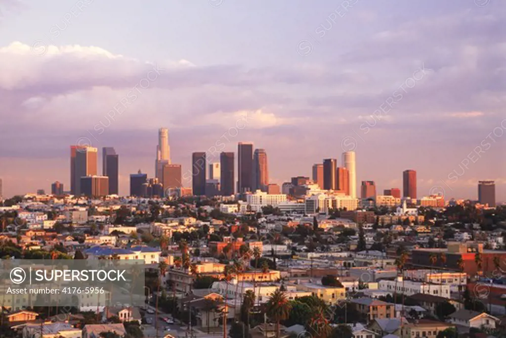 Overview of East Los Angeles with downtown Civic Center at sunset