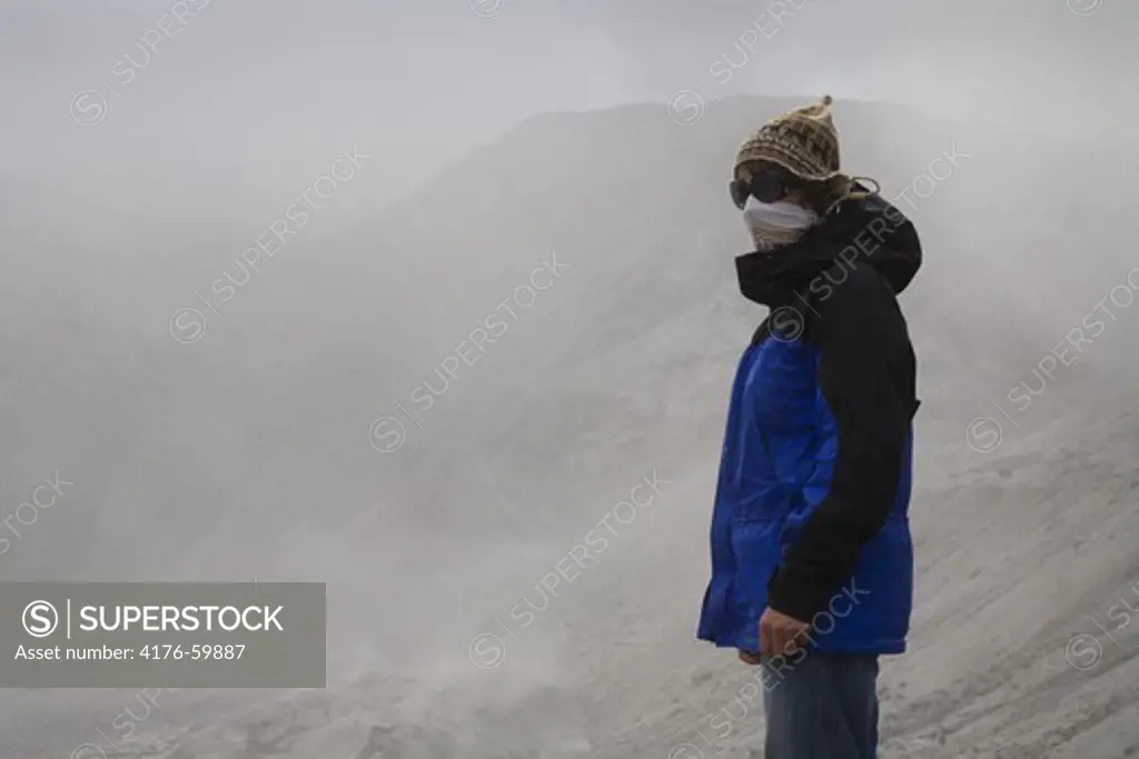 Thorsmork - Iceland, June 9, 2010 : Volcanic ash from Eyjafjallajokull volcano is still blowing around south and southwest Iceland.  Tourist walking near Gigjokull and Eyjafjallajokull glaciers in the