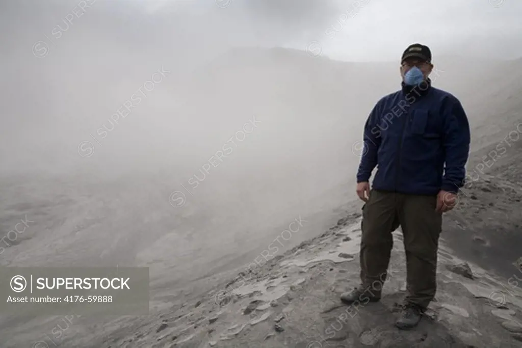 Thorsmork - Iceland, June 9, 2010 : Volcanic ash from Eyjafjallajokull volcano is still blowing around south and southwest Iceland.  Tourist walking near Gigjokull and Eyjafjallajokull glaciers in the