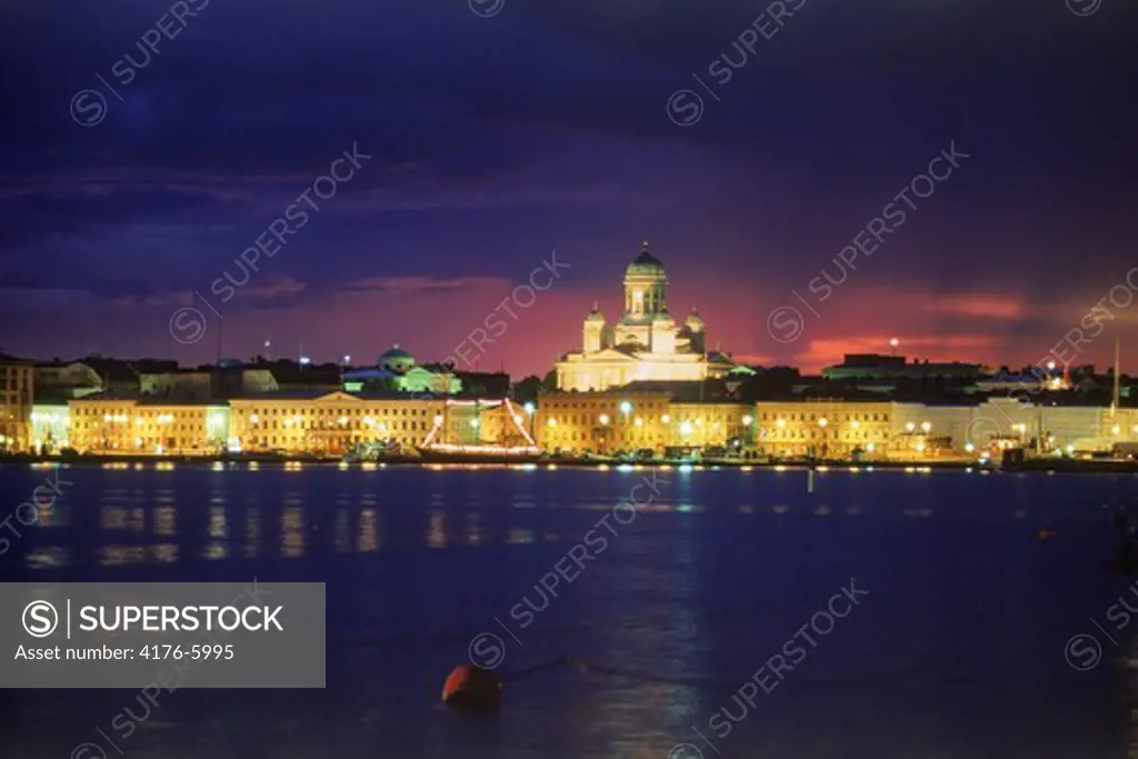The Cathedral at Senate Square over South Harbor in Helsinki at dusk