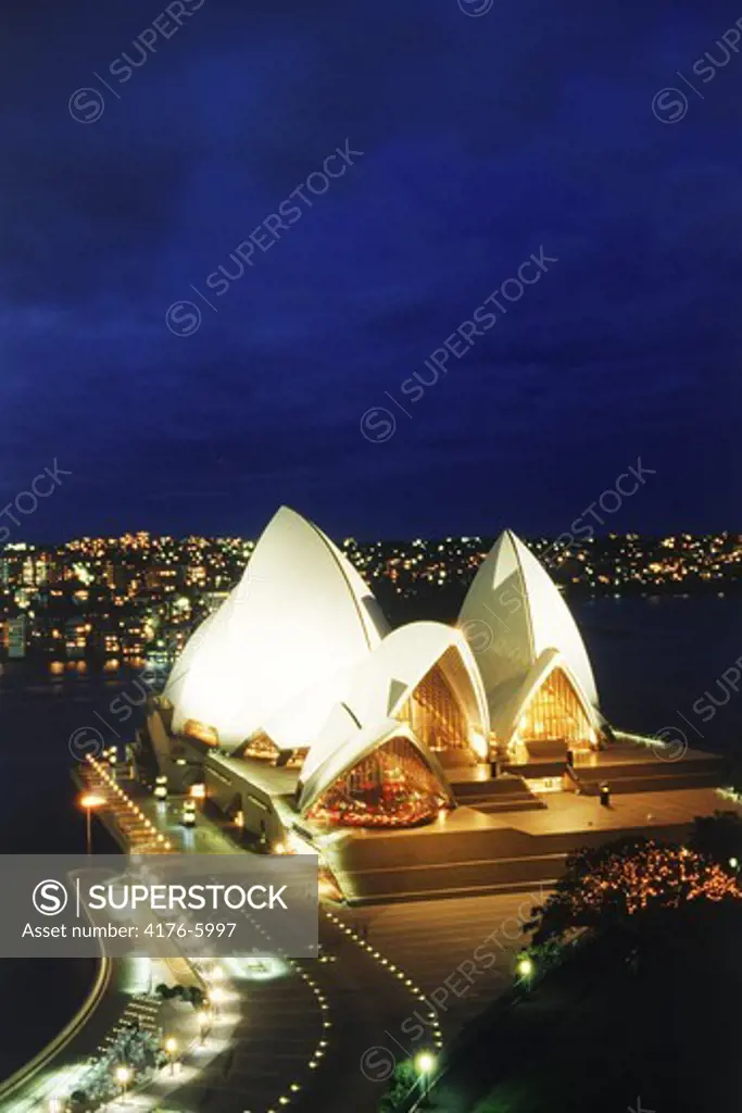 Sydney Opera House on Sydney Harbour from above at night