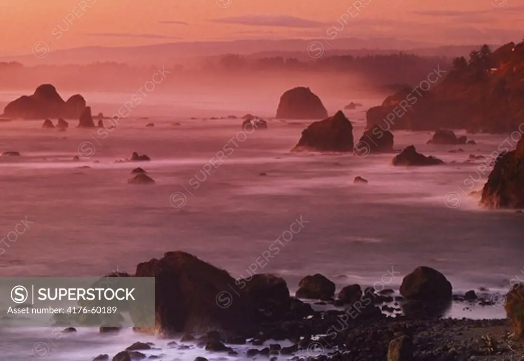 Rocky seascape and offshore sea stacks along Northern California misty coast at sunrise