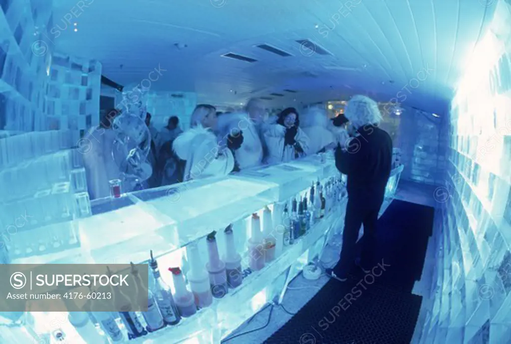 Having cocktails at Ice Bar in Nordic Sea Hotel in Stockholm