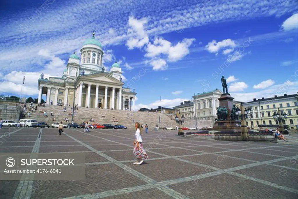Luthern Cathedral and Alexander II Statue at Senate Square in Helsinki Finland