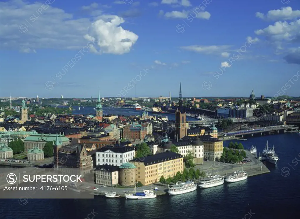 Overview of Riddarholmen and Old Town from City Hall in Stockholm