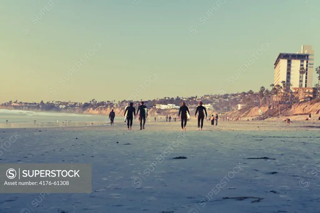 4 surfers, San Diego, California, USA,