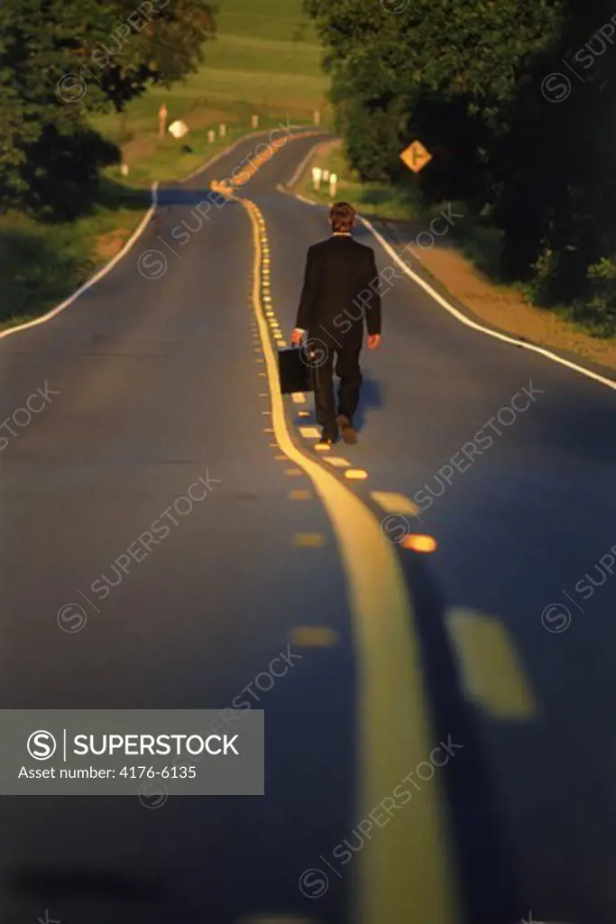 Businessman walking on country road with briefcase at dawn
