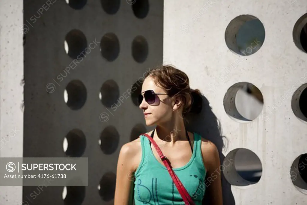 Woman among concrete walls, Valldal, Norway