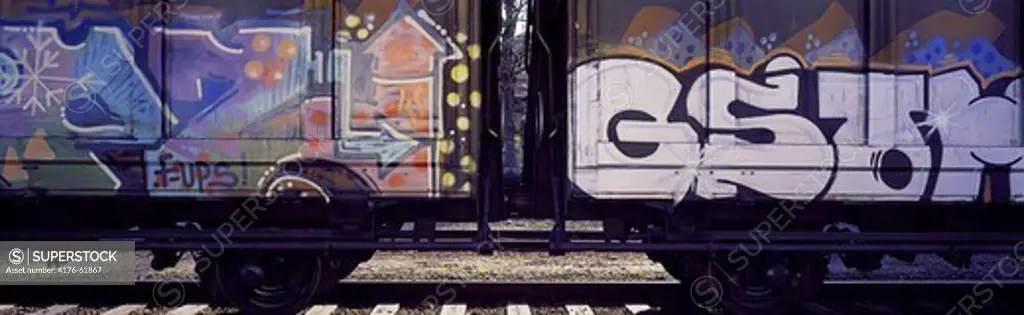 Grafitti on a train-set in the free port area in Stockholm Sweden ""Frihamnen""