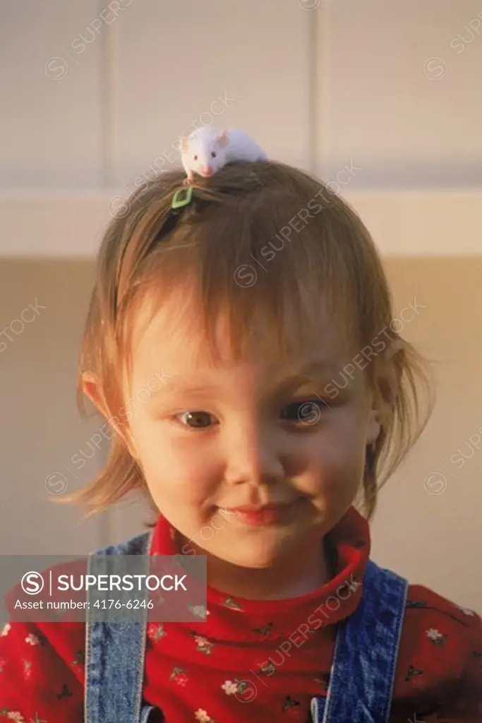 Young child with white mouse on her head