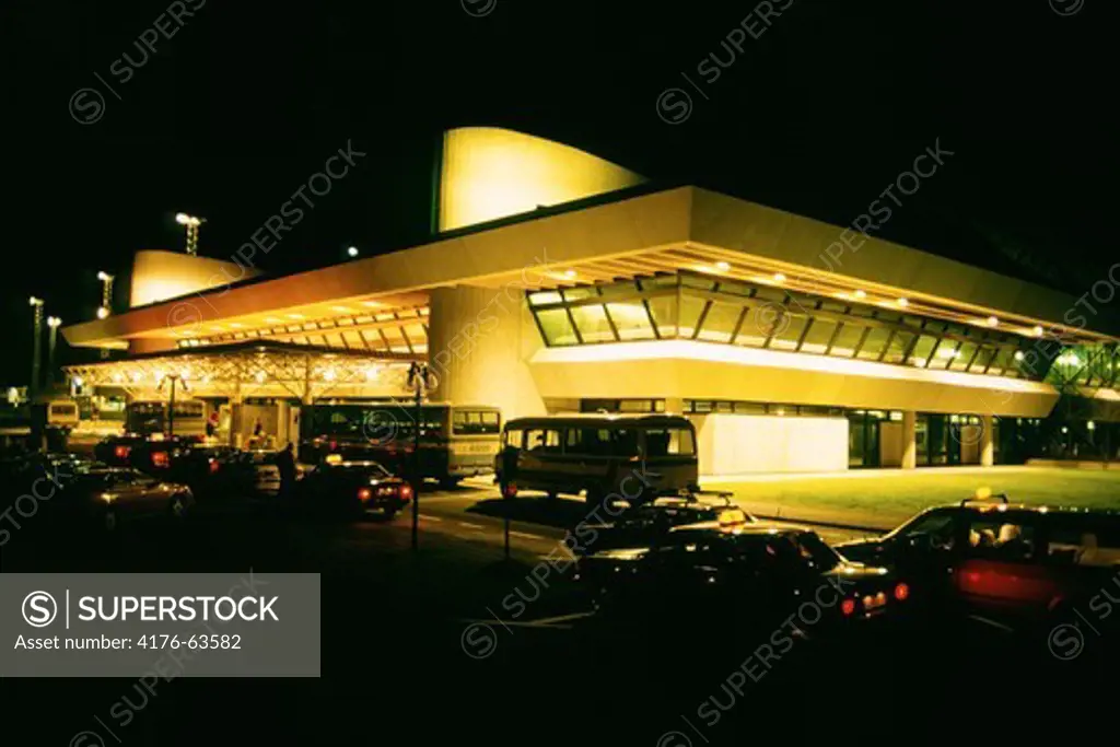 View of the departure side of the airport in Keflavik at night time.