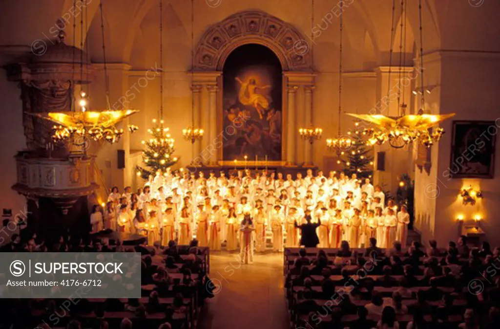 Childrens choir at Kungsholmen Church in Stockholm on Santa Lucia Day December 13