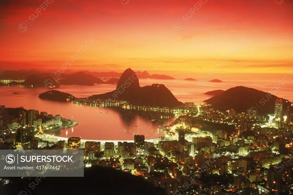 Above Pao de Acucar and Botofago Bay in Rio De Janeiro at sunset