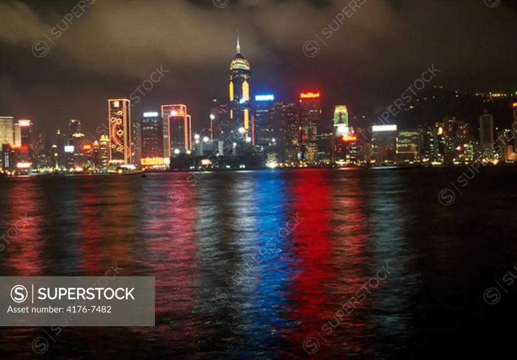 Buildings lit up at night, Hong Kong, China