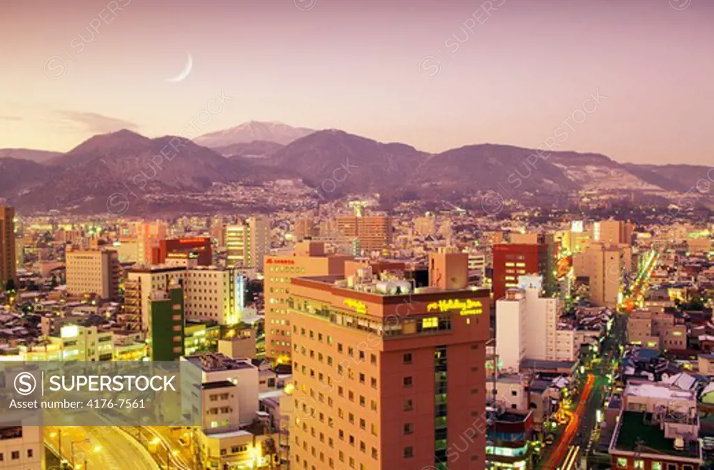 Overview of Nagano and surrounding mountains at dusk