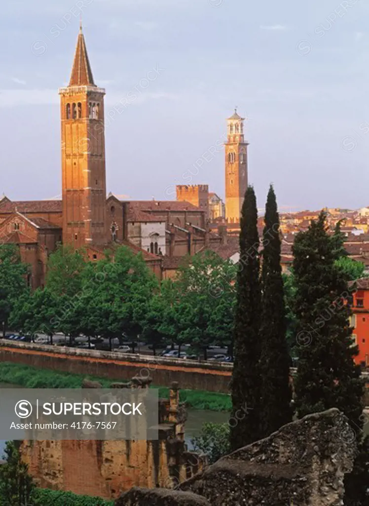Church of Santa Anastasia with Bell Tower from San Pietro Castle at sunrise on Adige River Verona