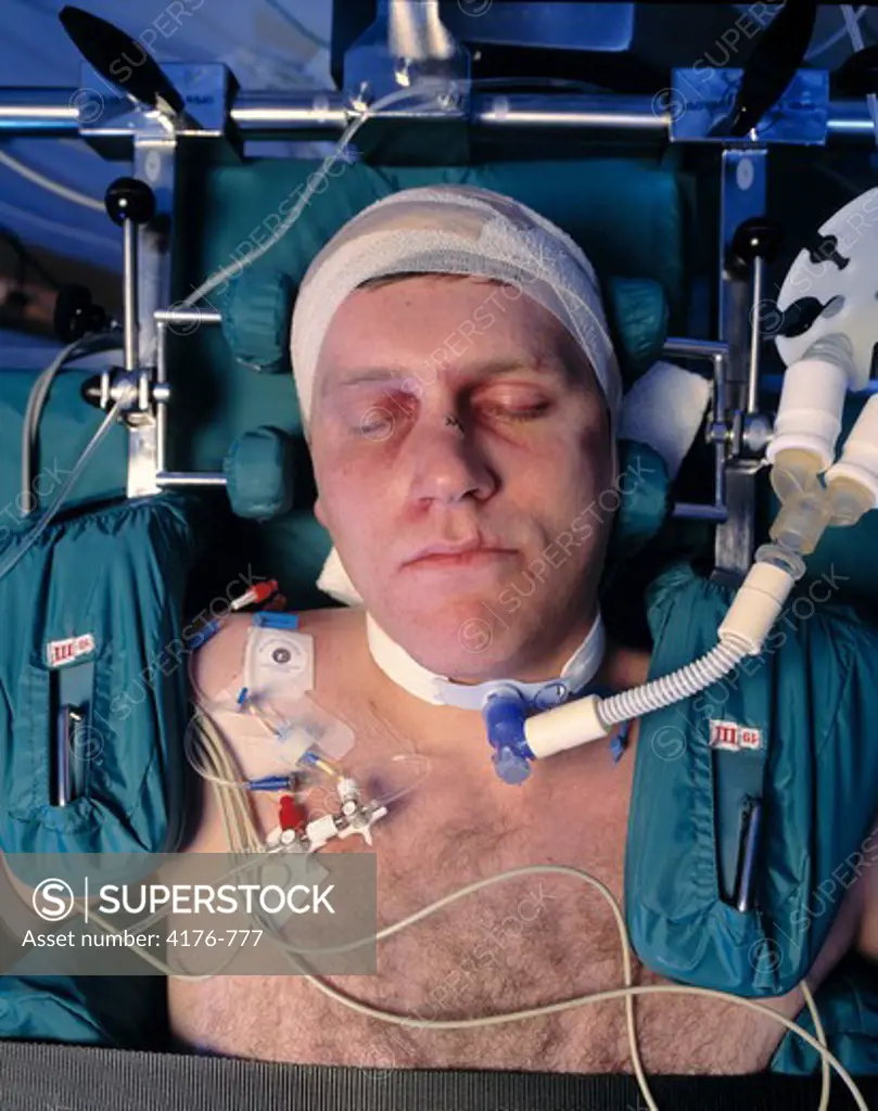 Close-up of a mature man sleeping on intensive care unit bed, Iceland