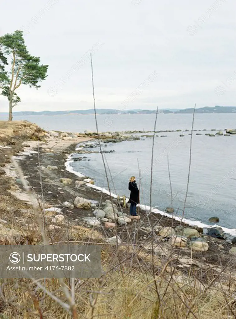 Side view of a person standing near the sea with stones