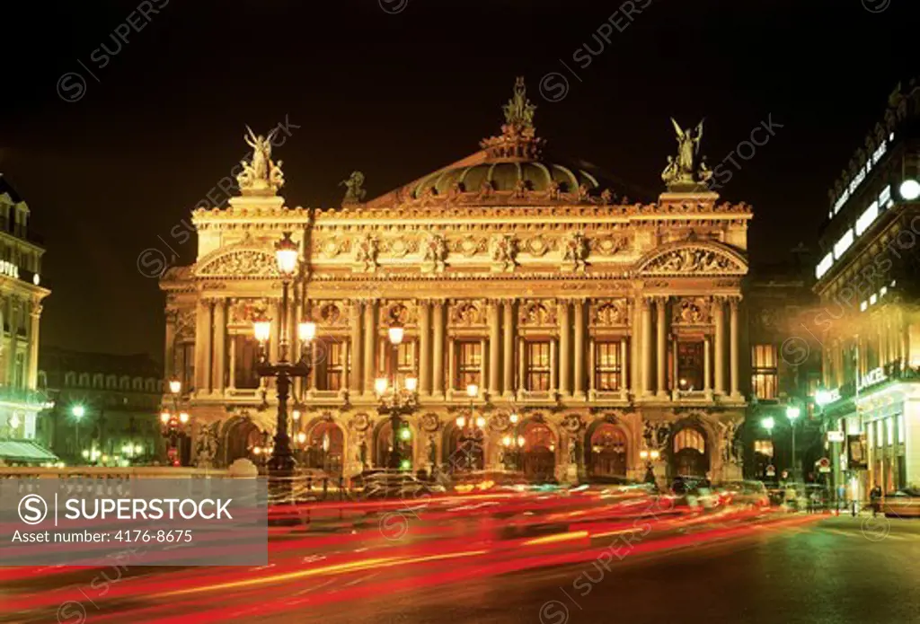 Opera House with traffic in Paris at night