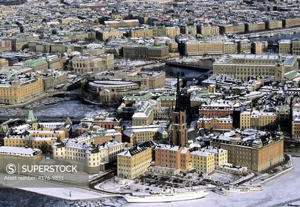 Aerial view of architectural buildings at Stockholm, Sweden