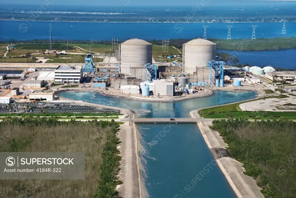 Aerial view of nuclear power plant on Hutchinson Island, Florida.