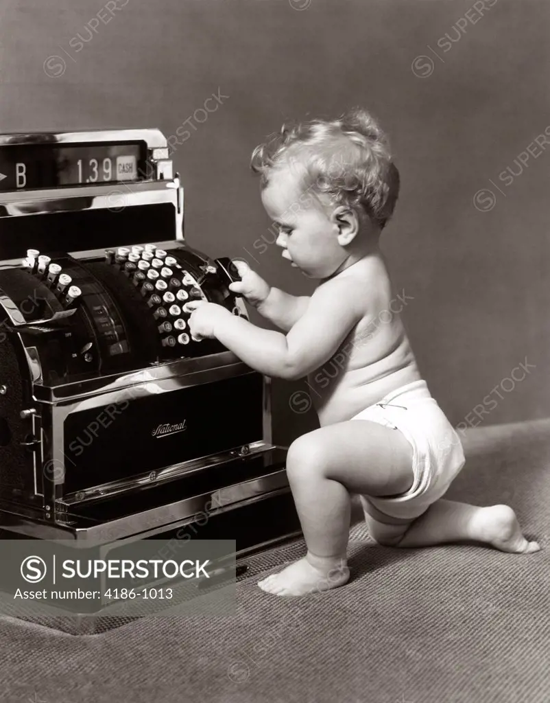 1930S 1940S Salesperson Baby Wearing Diaper Ringing Up Sale On Cash Register
