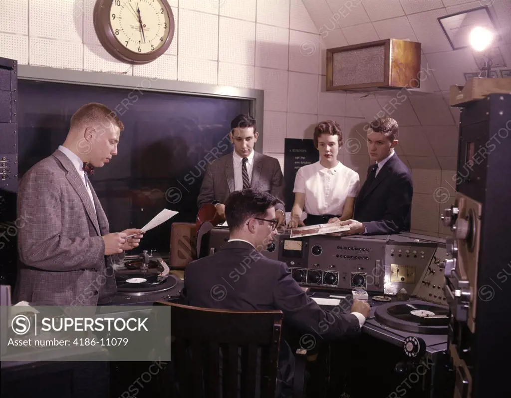 1960S Group Of 5 People In Radio Station Control Room Disk Jockey Dj Turntables Broadcasting Media Communications