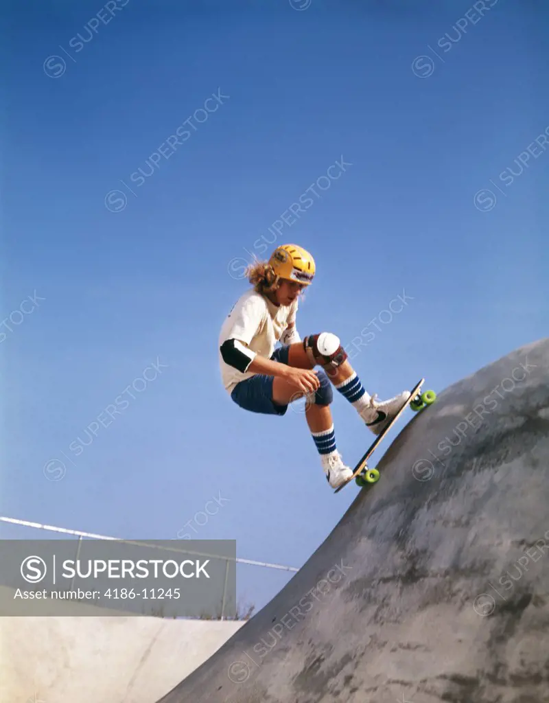 1970S Teen Boy On Skateboard Obstacle Course Helmet Knee Elbow Pads Safety Balance Uphill Incline Skate Board Fun