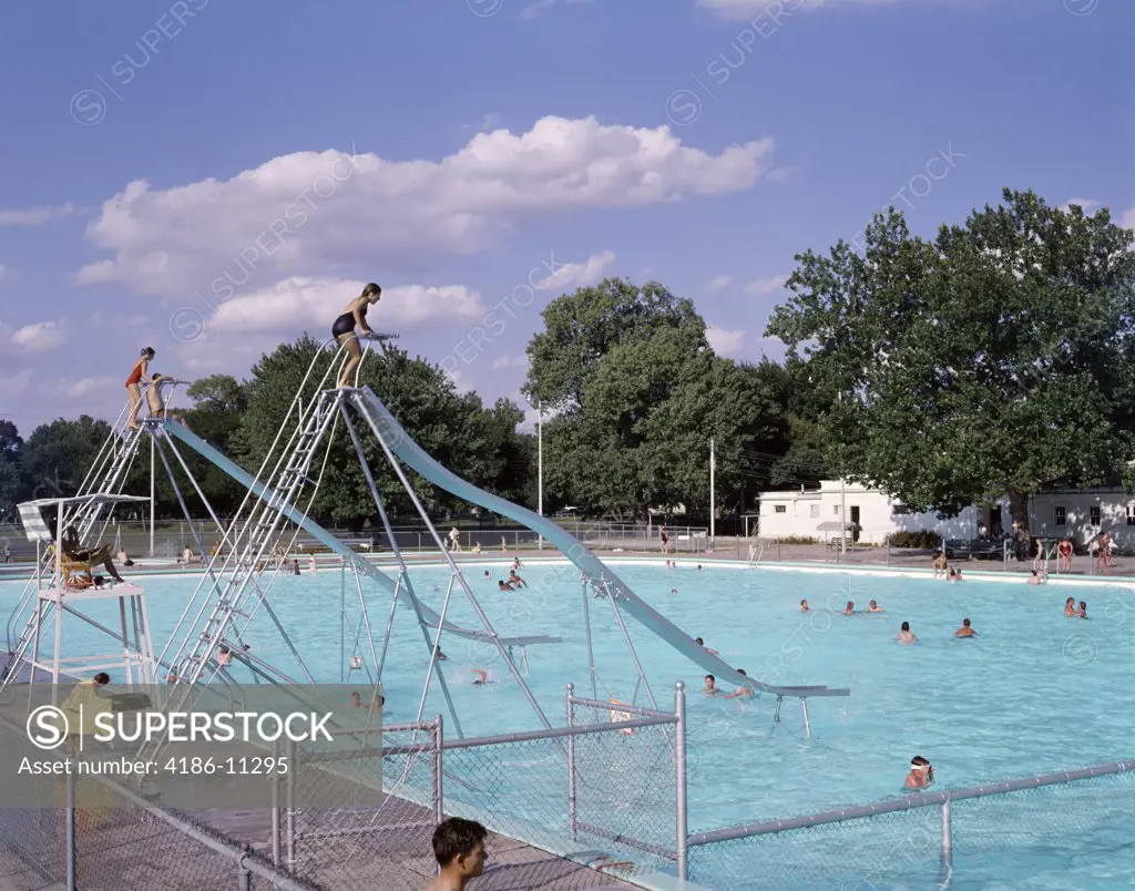 1960S 1970S Community Public Or Country Club Swimming Pool With 2 Water Slides Lifeguard Recreation Summer Fun