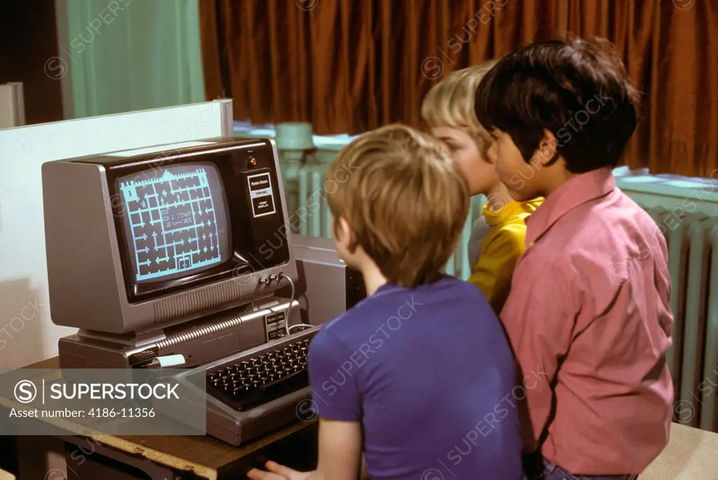 1980S 3 Elementary School Boys Operating Early Radio Shack Trs80 Computer Playing Game
