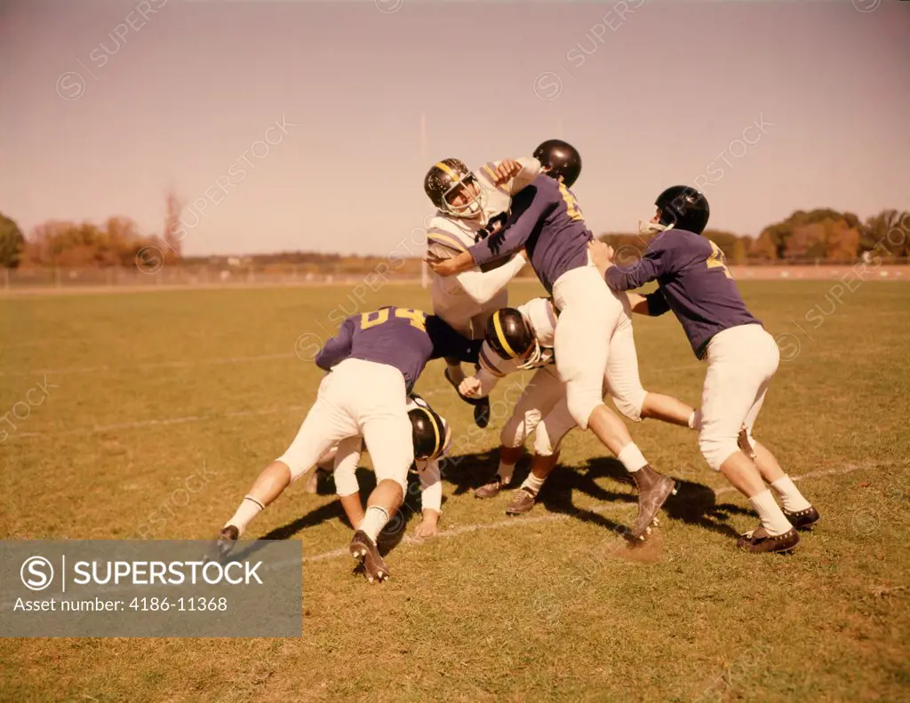 1960S Six Football Players Running Blocking Tackling On Scrimmage Field